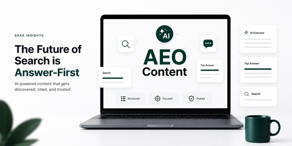AEO content featured image showing answer-first SaaS content for search, AI Overviews, and top answer results
