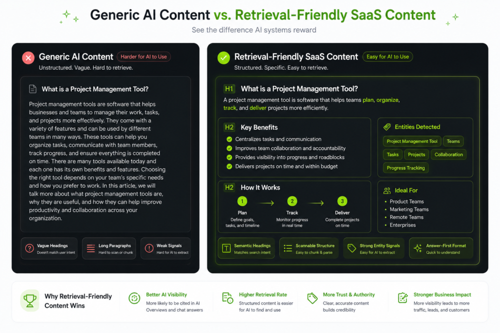 Comparison of generic AI content and retrieval-friendly SaaS content showing how clear headings, entities, structure, and answer-first formatting improve AI visibility