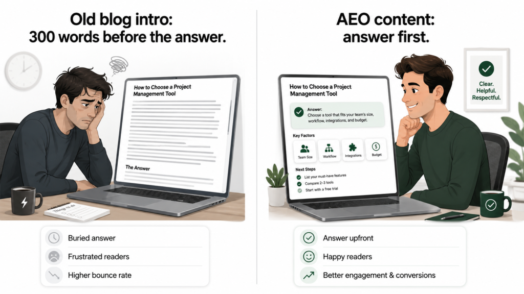 Comparison of an old SaaS blog intro with buried answers and AEO content that answers upfront for better engagement and conversions