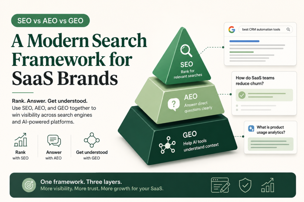 SEO vs AEO vs GEO modern search framework for SaaS brands showing how content can rank, answer questions, and get understood by AI platforms