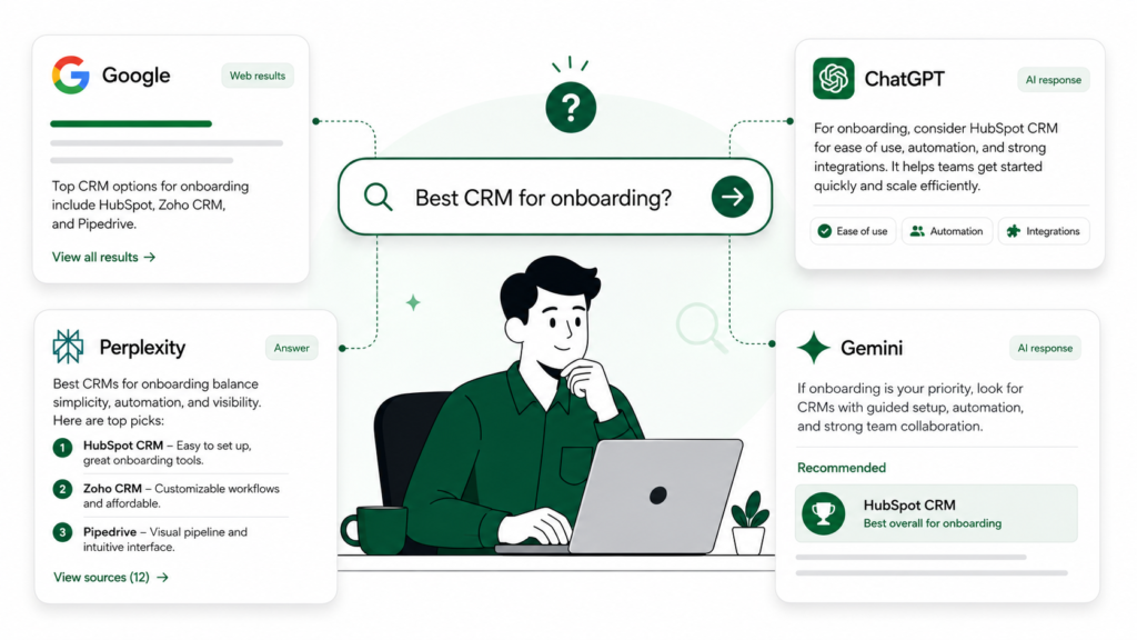 AEO content example showing how SaaS buyers search across Google, ChatGPT, Perplexity, and Gemini for CRM recommendations
