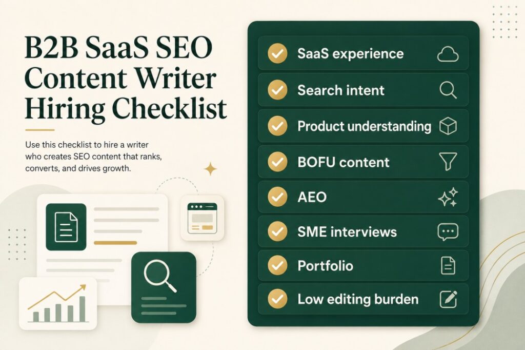 Checklist graphic for SaaS teams hiring a B2B SaaS SEO content writer, showing key criteria such as SaaS experience, search intent, product understanding, BOFU content, AEO, SME interviews, portfolio, and low editing burden.