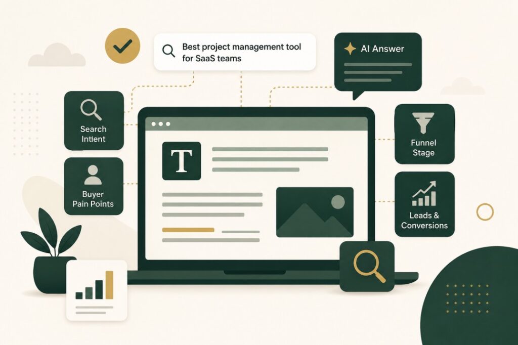 Intro graphic showing how B2B SaaS SEO content writers connect search intent, buyer pain points, funnel stage, AI answers, and lead conversions.