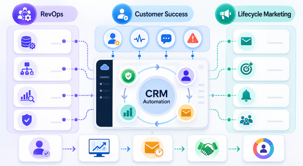 CRM automation workflow connecting RevOps, customer success, and lifecycle marketing for SaaS retention