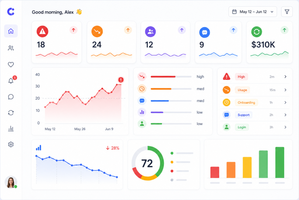 SaaS churn risk automation dashboard showing customer health scores, risk alerts, usage trends, support signals, and renewal indicators