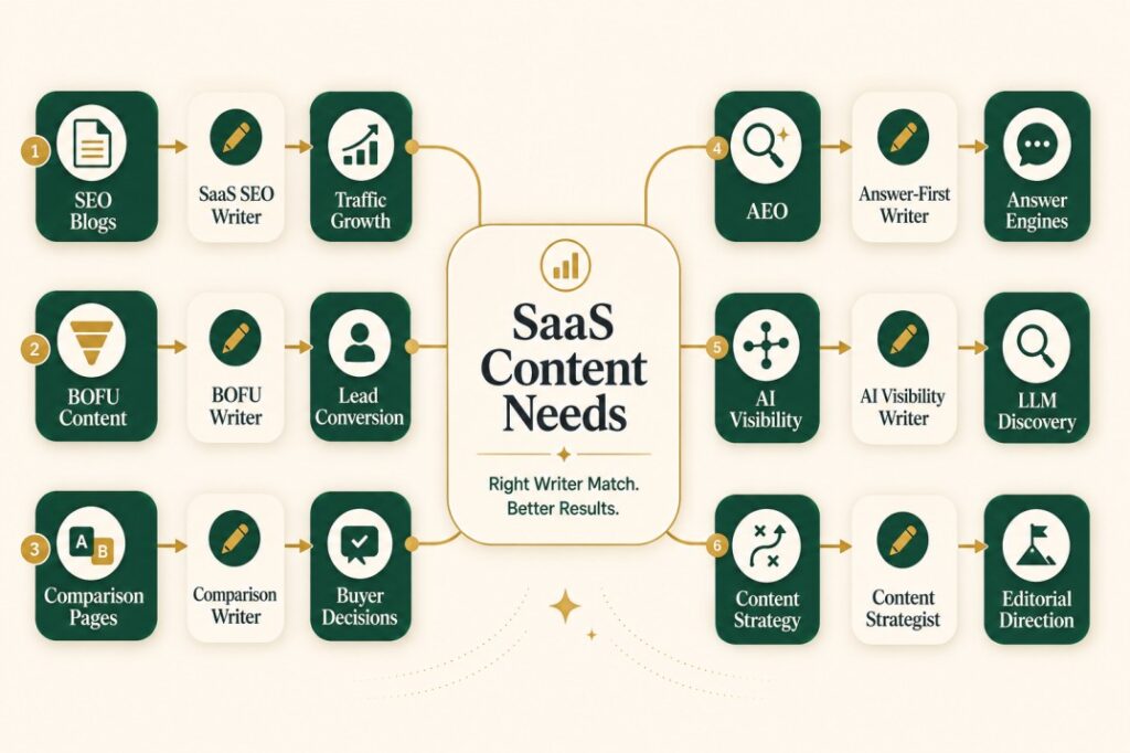Flowchart showing how SaaS content needs match different writer types, including SEO blogs, BOFU content, comparison pages, AEO, AI visibility, and content strategy.