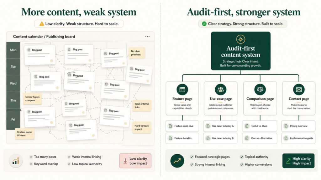 Audit-first SaaS content system compared with a cluttered content calendar showing stronger internal links, clearer page strategy, and better conversion paths.