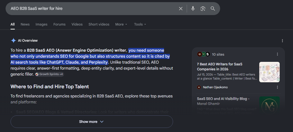 Manalghamir.com appearing in Google’s AI Overview sources and organic results for an AEO writer hiring query