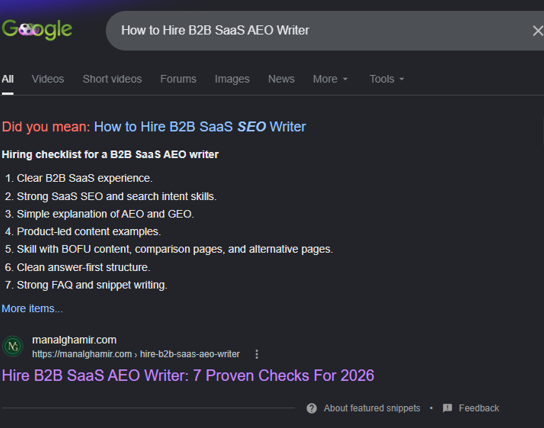 Google featured snippet showing Manal Ghamir’s seven-point B2B SaaS AEO writer hiring checklist