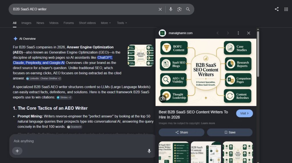 Image from manalghamir.com displayed in Google’s AI search interface for “B2B SaaS AEO writer.”