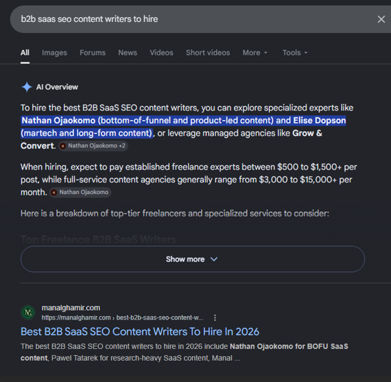 B2B SaaS AI visibility case study showing Google search and AI Overview results