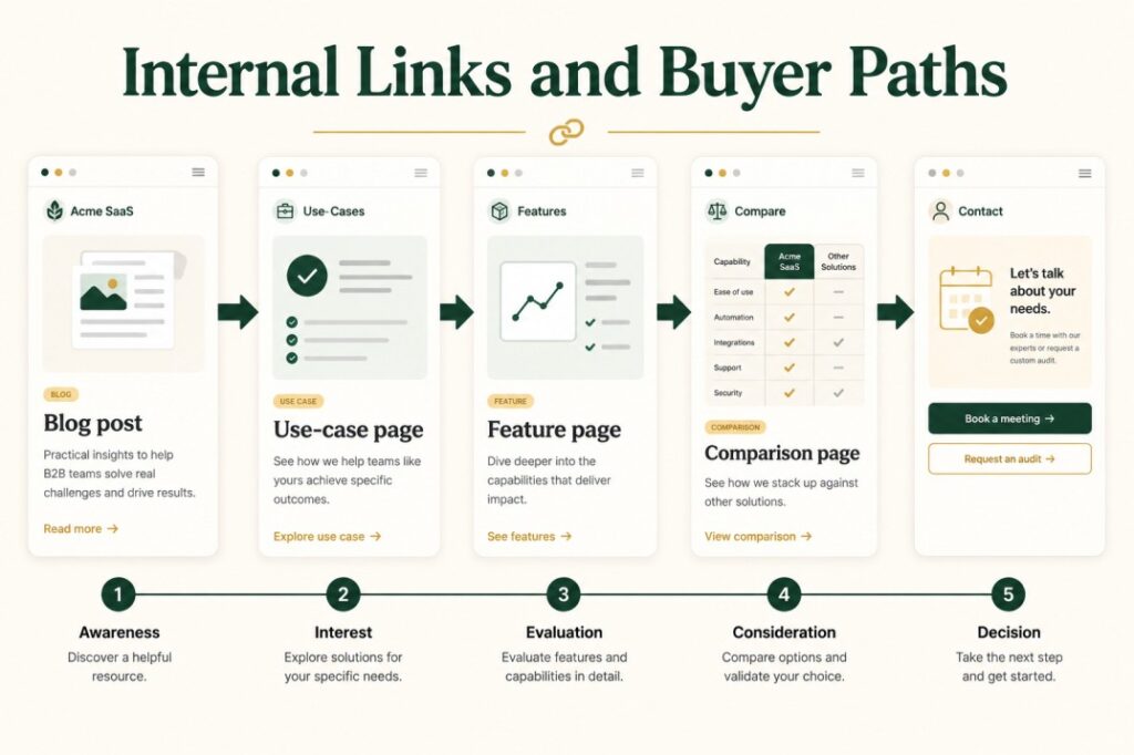 Internal link flow from SaaS blog post to audit or contact page.