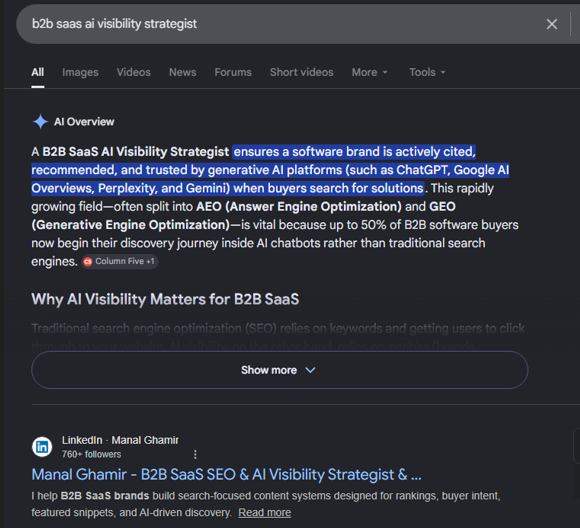 Manal Ghamir’s LinkedIn profile appearing in Google for “b2b saas ai visibility strategist”