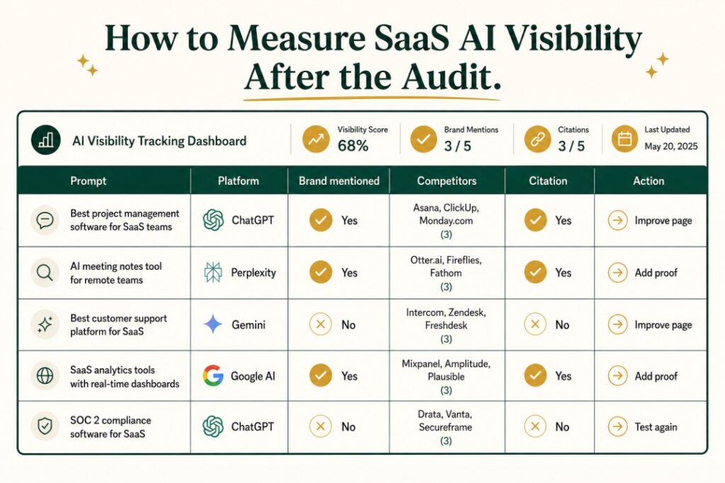 SaaS AI visibility tracking dashboard with prompts, platforms, brand mentions, competitors, citations, and action items.