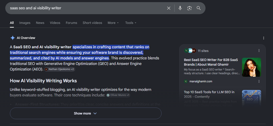 Manalghamir.com appearing in Google’s AI Overview sources and organic results for “saas seo and ai visibility writer”