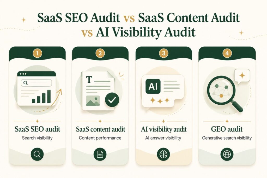 Comparison cards showing the difference between a SaaS SEO audit, SaaS content audit, AI visibility audit, and GEO audit, with each one labeled by its main visibility focus.