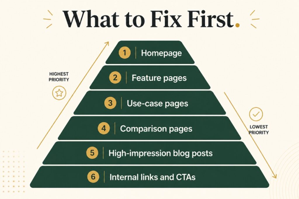 Priority pyramid showing which SaaS content pages to fix first before publishing more.