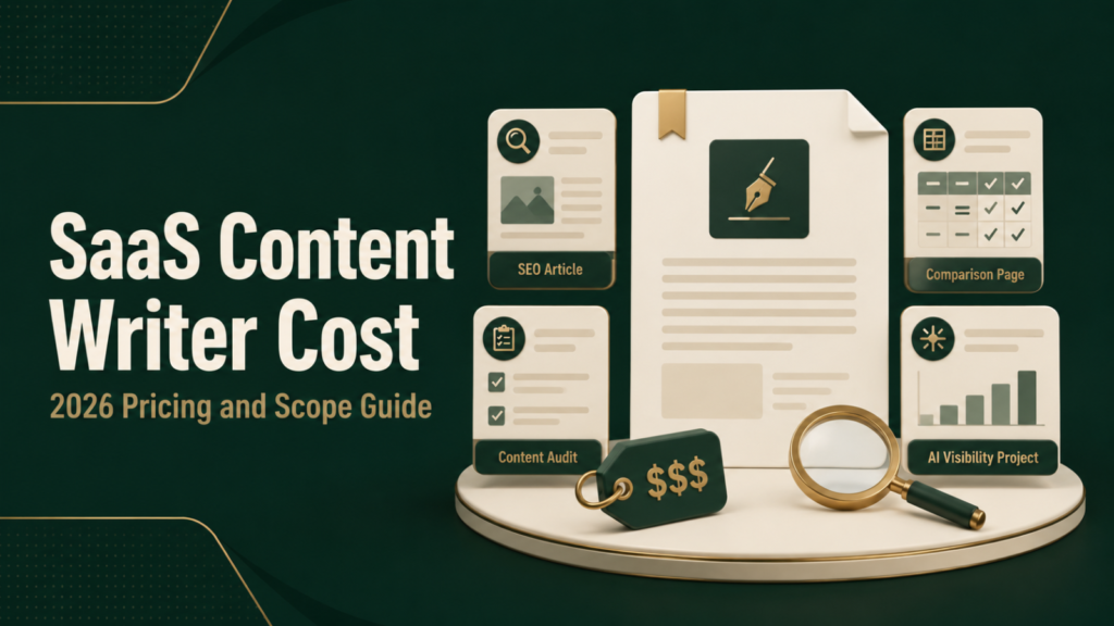 SaaS content writer cost guide showing articles, comparison pages, audits, and AI visibility projects