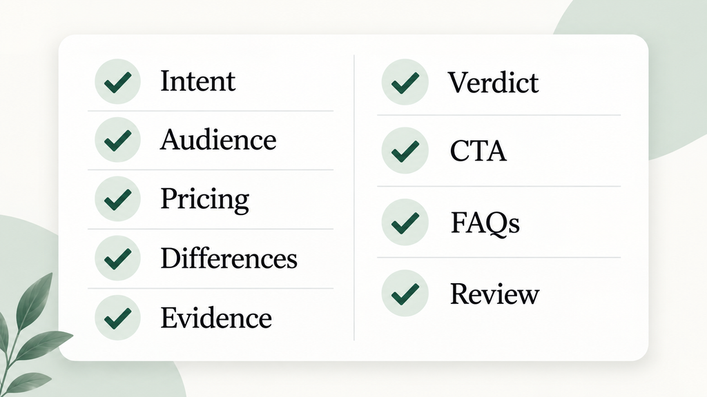 B2B SaaS comparison page checklist for intent, evidence, verdict, CTA, and review
