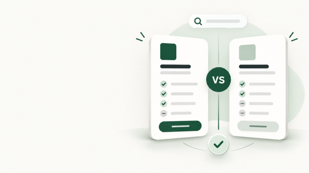 B2B SaaS comparison pages shown as two product cards side by side
