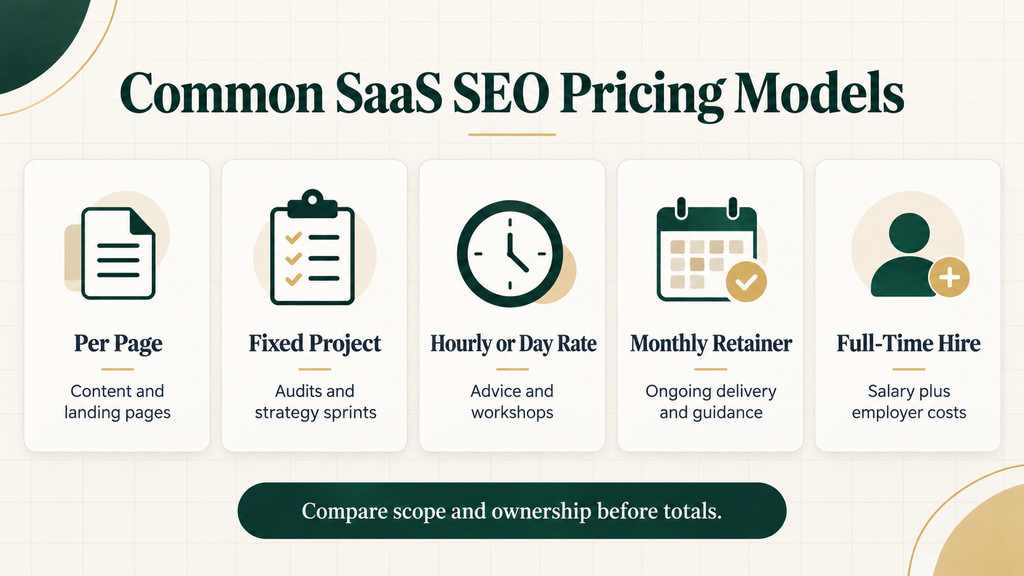 Five common SaaS SEO pricing models including per-page, project, hourly, retainer, and full-time hiring