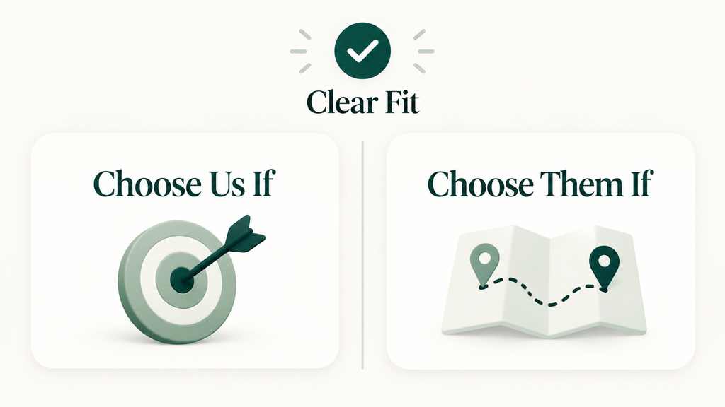 Balanced SaaS positioning with choose us if and choose them if guidance