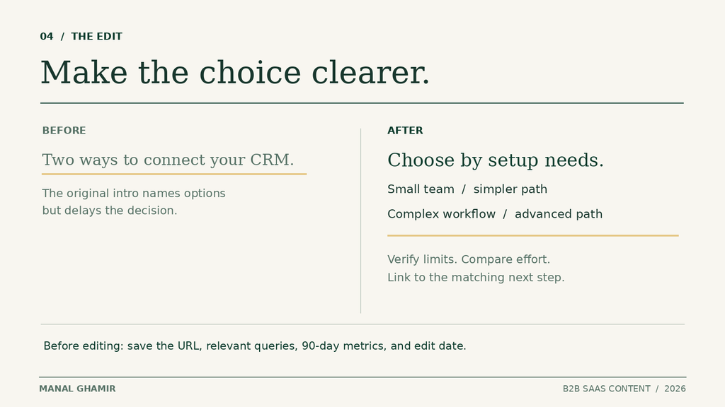 Before and after plan for clarifying the CRM integration choice