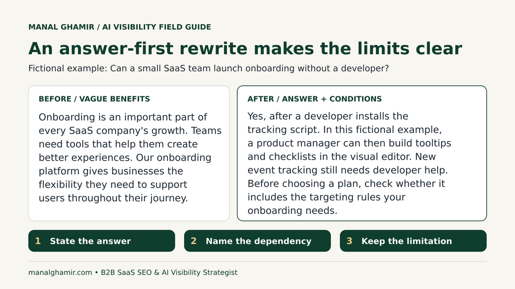 Fictional onboarding paragraphs compare vague benefits with a direct answer, setup condition, and limitation.