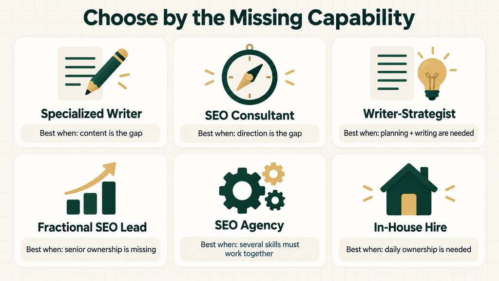 Comparison of six SaaS SEO hiring models based on the capability a company is missing