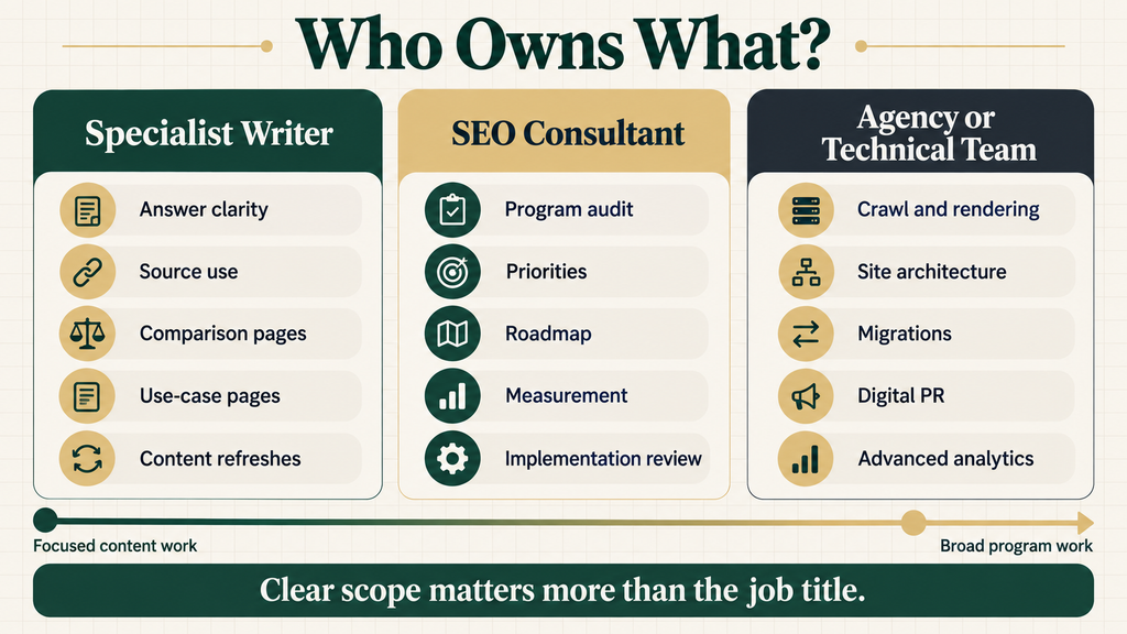 Responsibilities typically handled by a specialist writer, SEO consultant, and agency or technical team