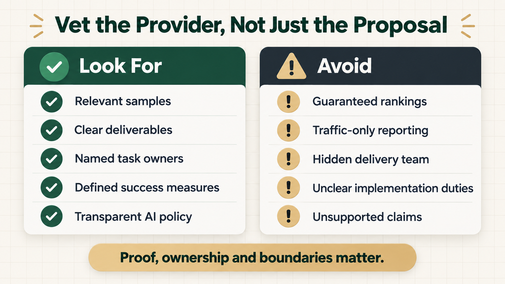 Checklist of positive signs and red flags when evaluating a SaaS SEO provider