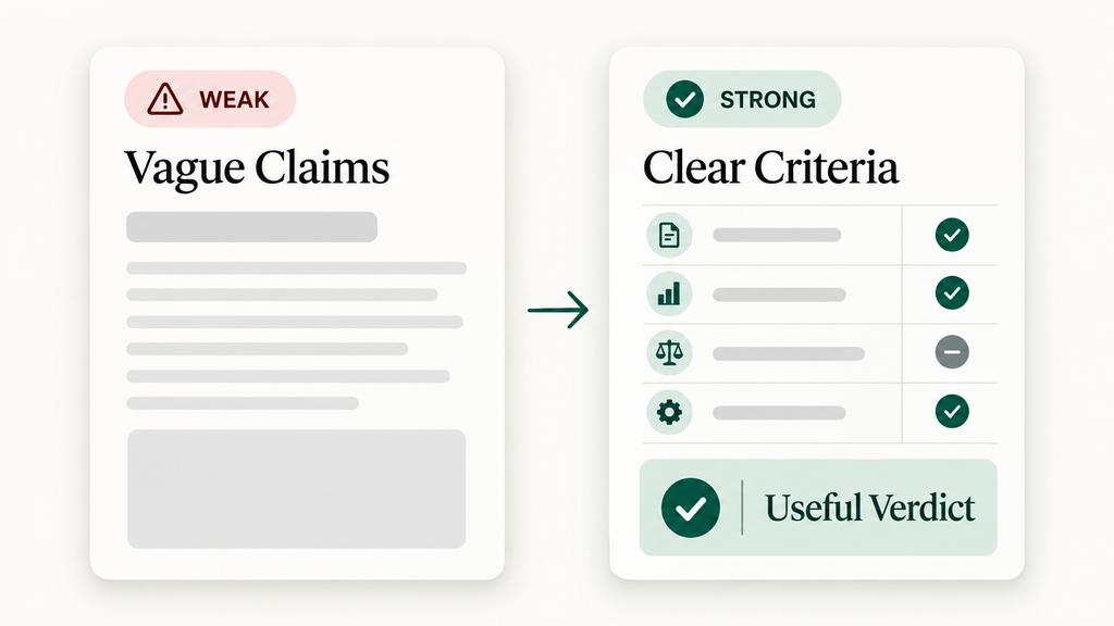 Weak comparison copy beside strong copy with clear criteria and a useful verdict