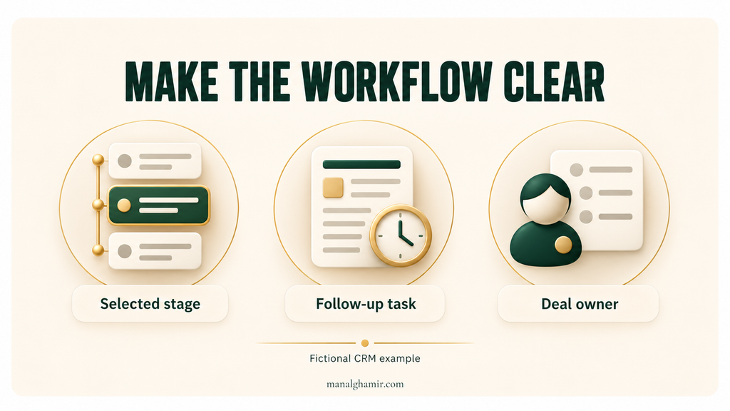 Illustrated pipeline stage, follow-up task with a clock, and deal owner in a fictional CRM example.