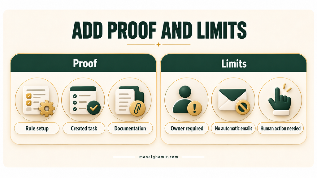 Proof and limits panels showing rule setup, created task, documentation, owner requirement, no automatic emails, and human action.