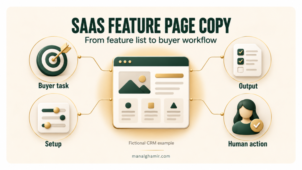 SaaS feature-page illustration with a central webpage and icons for buyer task, setup, output, and human action.
