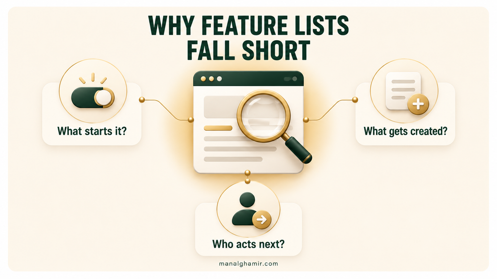 Feature page under a magnifying glass, surrounded by questions about the trigger, created output, and person who acts next.