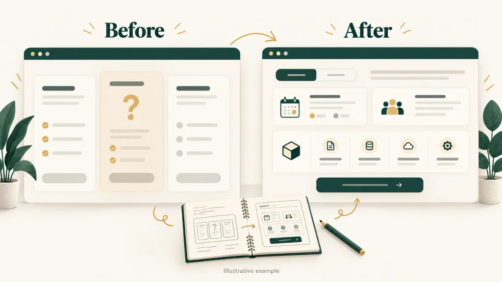 Before and after illustrative pricing panels with billing, team, feature, and action icons.
