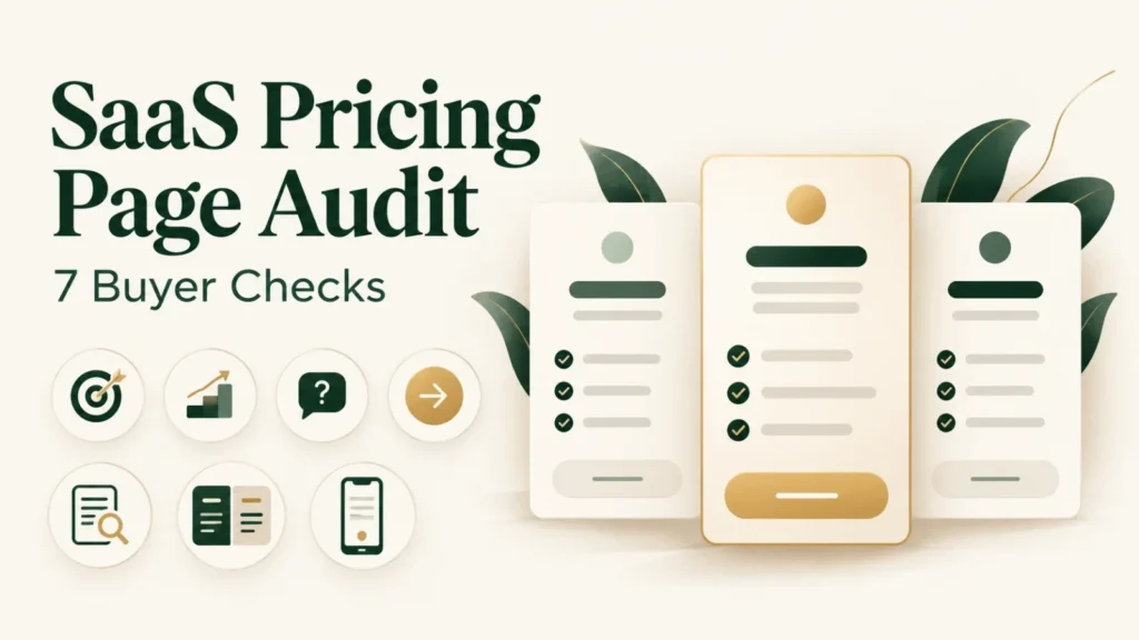 SaaS pricing page audit cover with three plan cards and seven checklist icons.