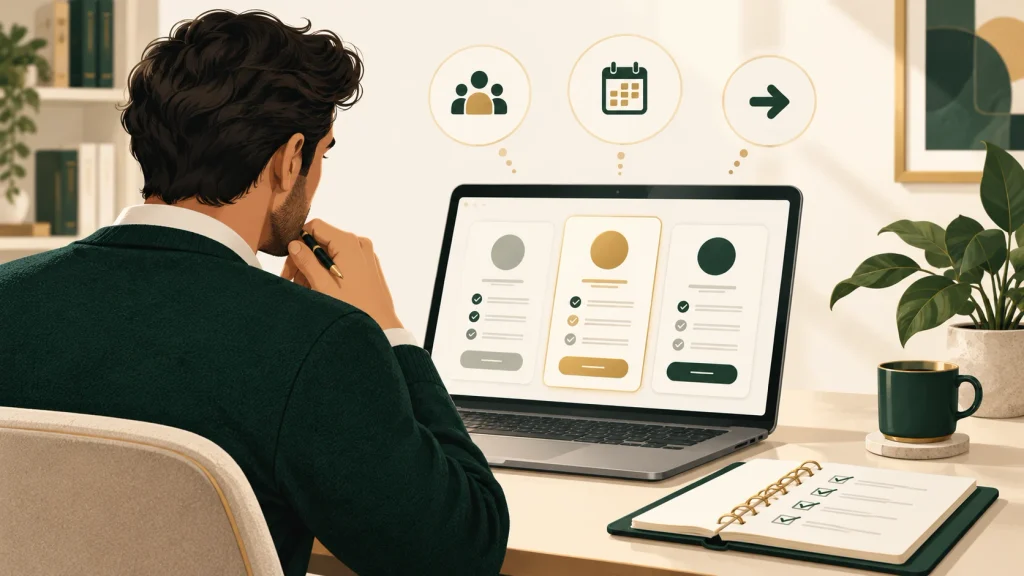 Buyer viewing three plan cards on a laptop beneath team, calendar, and arrow icons.