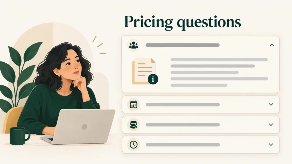 Woman beside pricing FAQ cards with team, calendar, storage, and clock icons.
