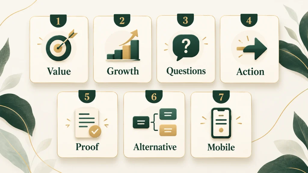 Seven pricing-page checks covering value, growth, questions, action, proof, alternatives, and mobile.