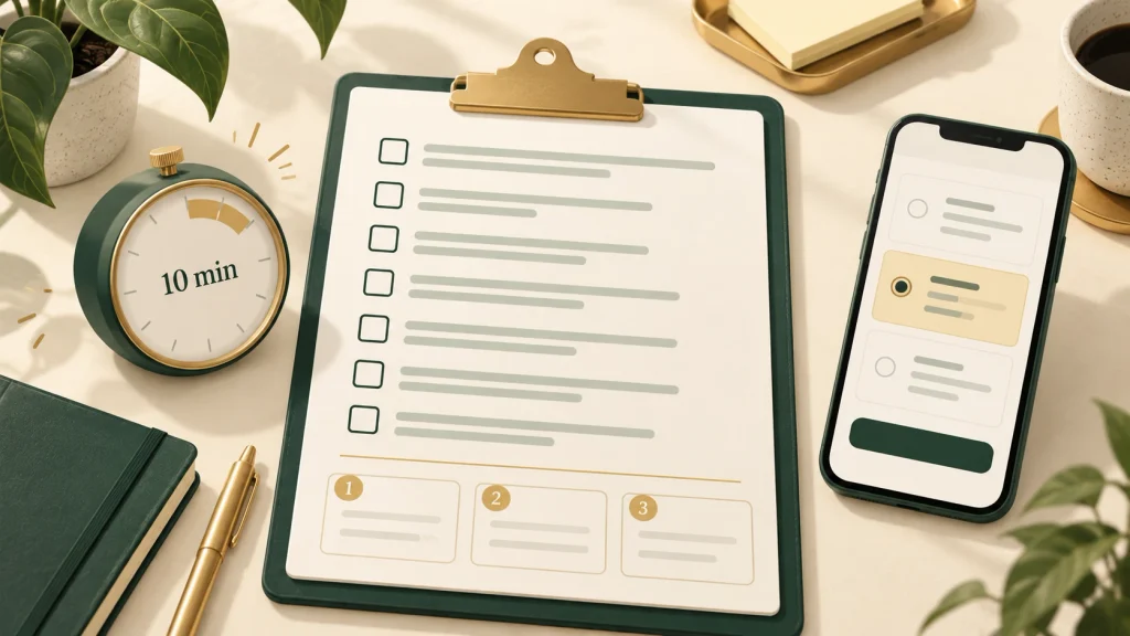 Seven-check audit worksheet beside a ten-minute timer and an illustrative mobile pricing page.